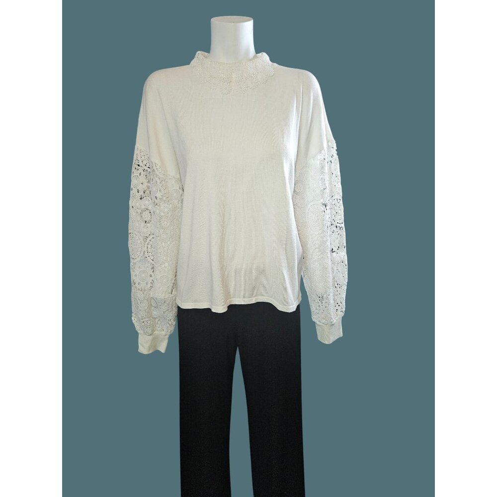 Belldini Off White Crochet Lace Collar Long Sleeve Top Women Size XL